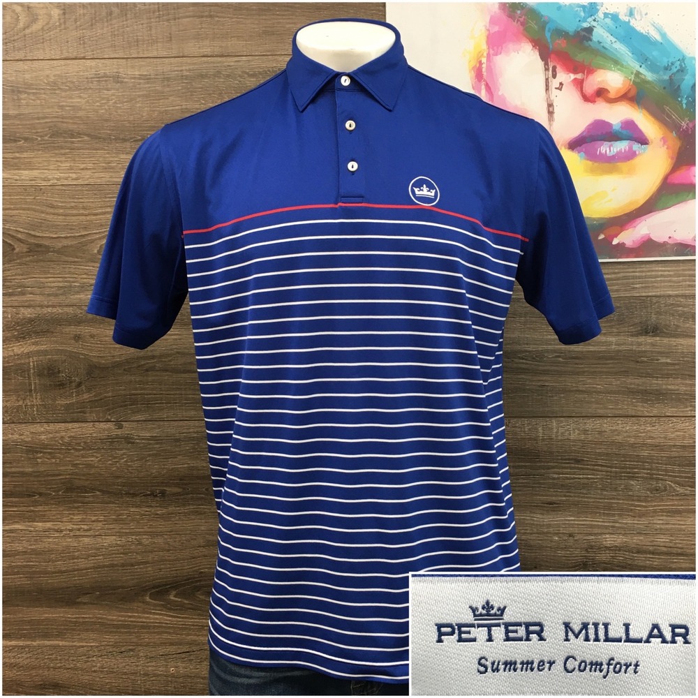 Peter Millar Summer Comfort Polo Shirt Mens Large Blue Striped Short Sleeve Golf